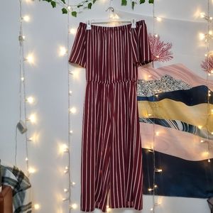 Off-the-shoulder Striped, Cropped Wide-Leg Jumpsuit